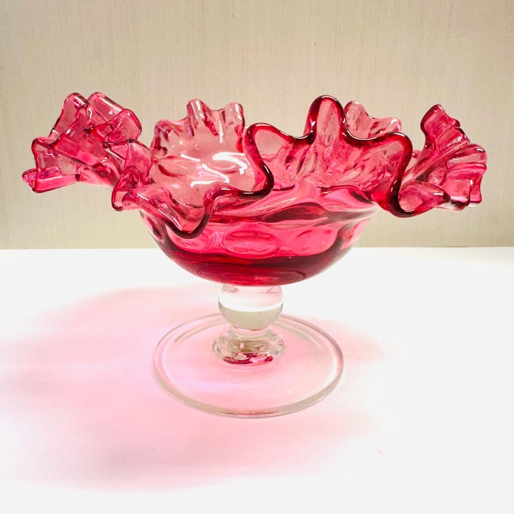 Vintage Fenton Double Crimped Petal Pink Cranberry Compote